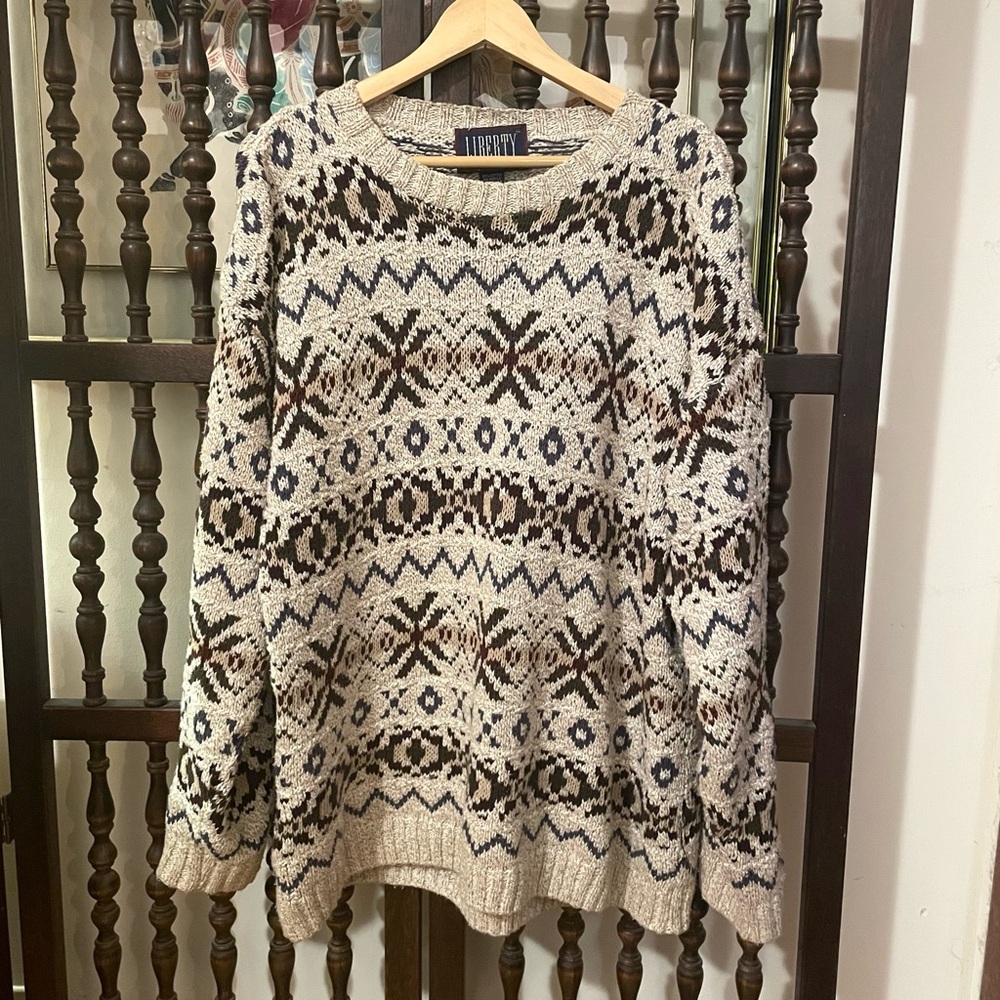 LIBERTY Vtg 90s Oatmeal Fair Isle Stripe Chunky Knit Oversized Fisherman Sweater